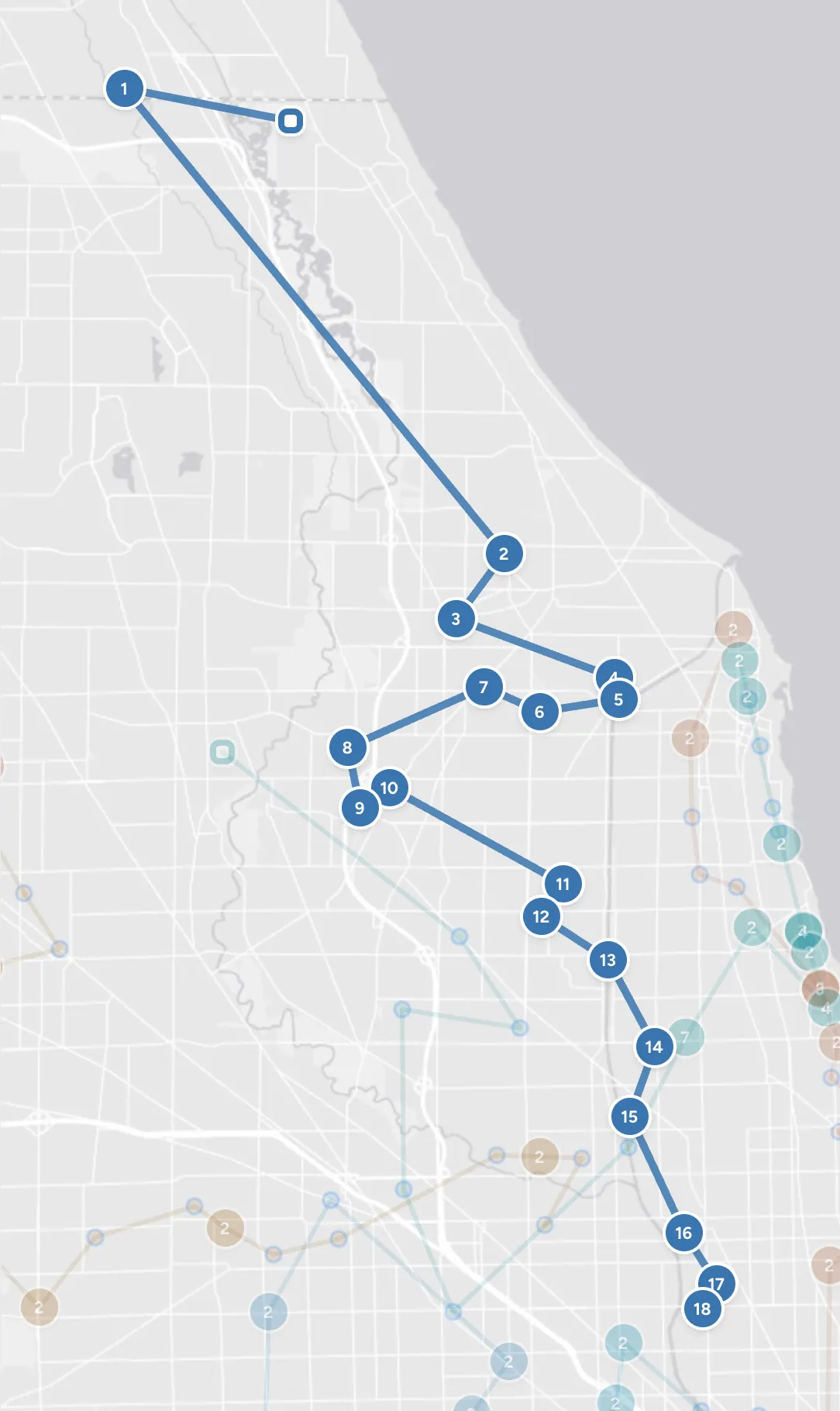 Tomorrow's plan on the map with Ada's route picked: her stops in order from the north down through Skokie into Chicago
