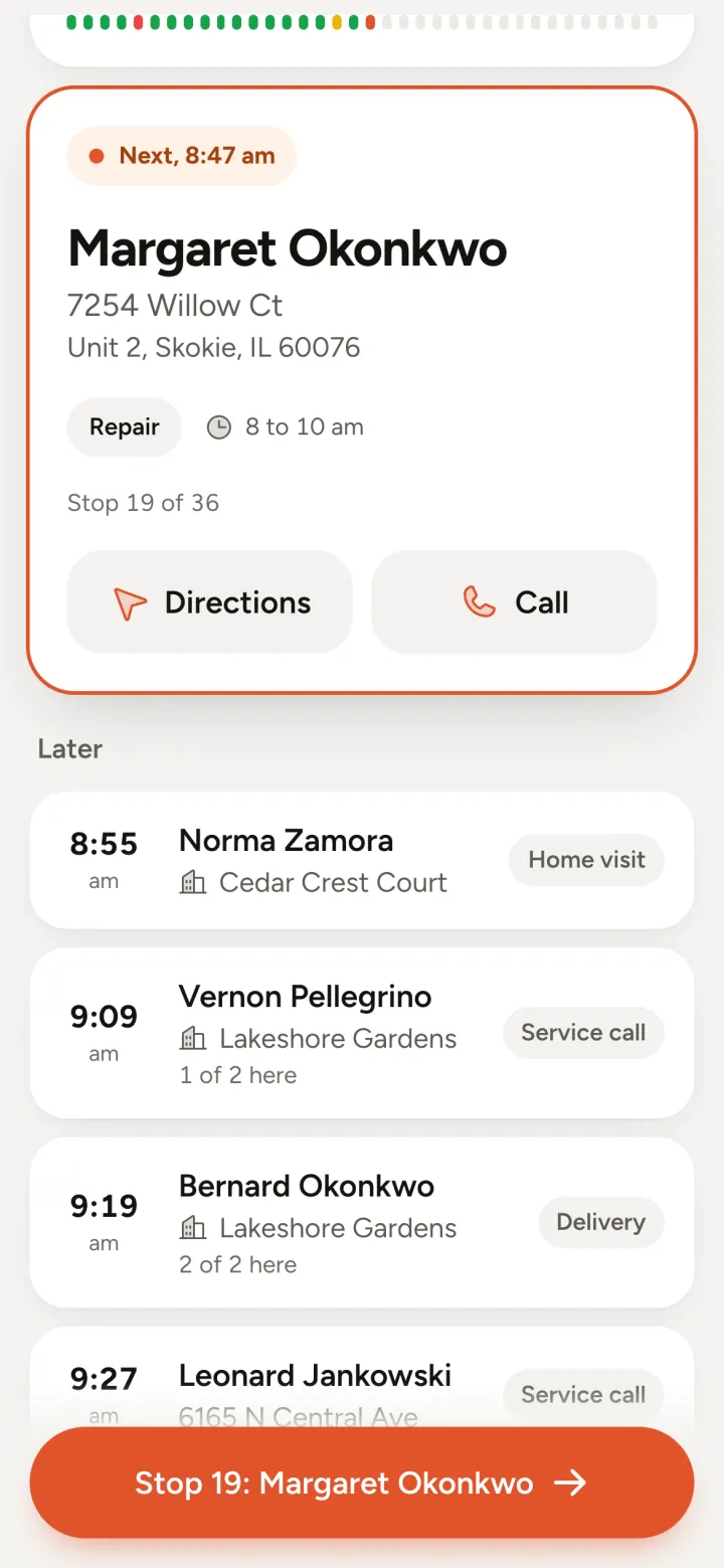 Ada's phone at 8:44 am: next, Margaret Okonkwo at 8:47, a repair in the 8 to 10 am window, stop 19 of 36, with directions and a call button