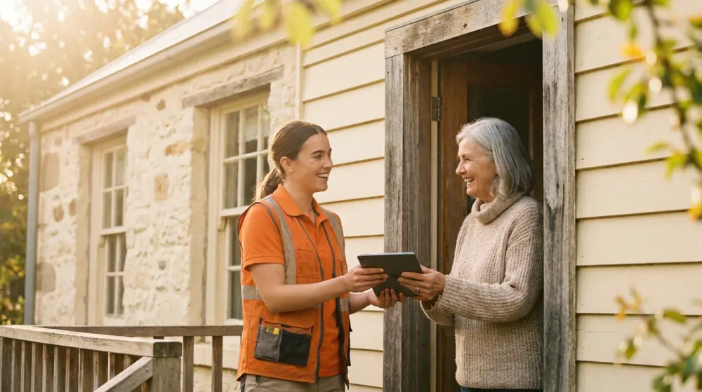 A crew member hands a tablet to a smiling customer at her front door