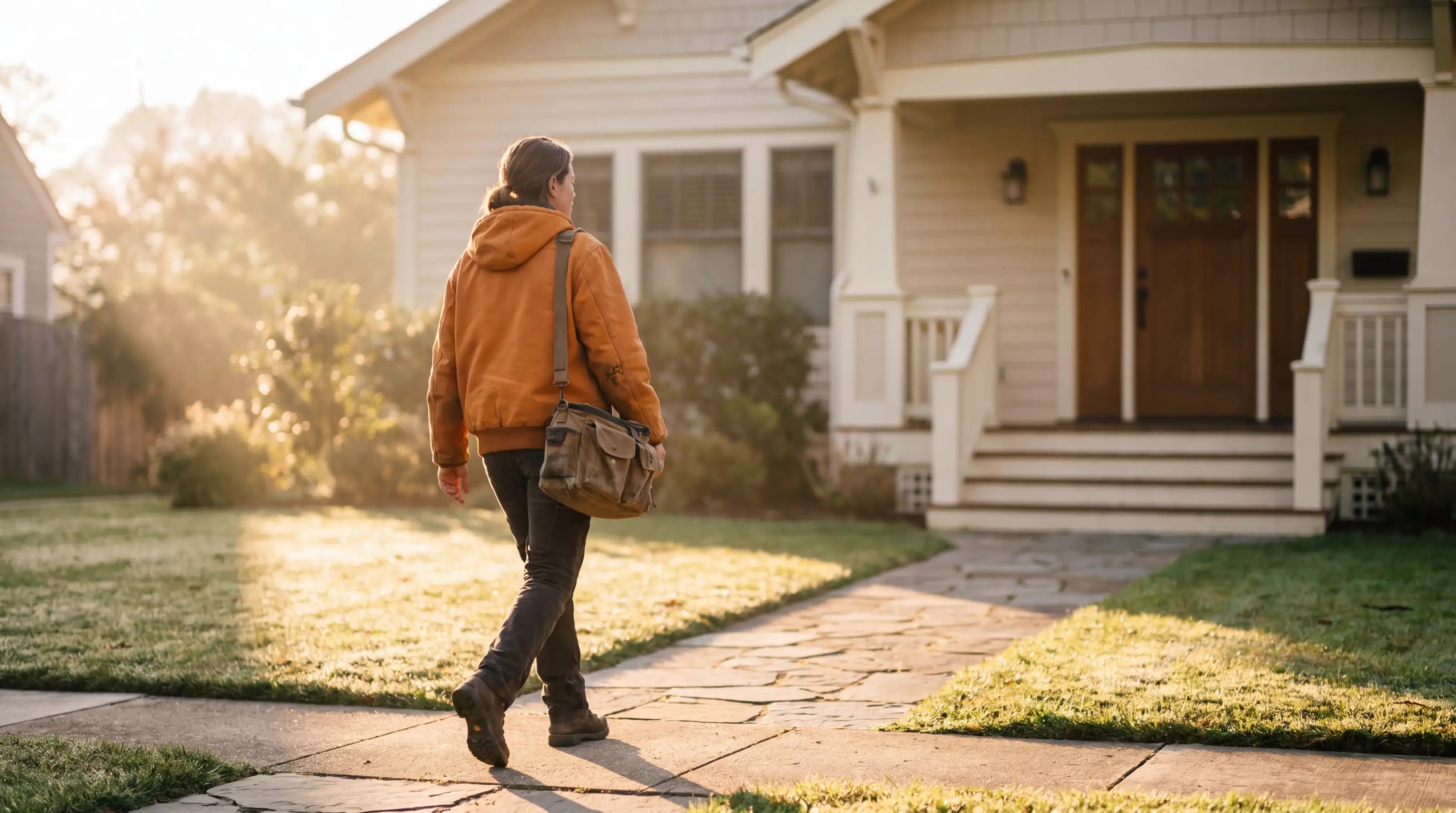 Ada, in an orange work jacket, carries her tool bag up the path to a customer's front door