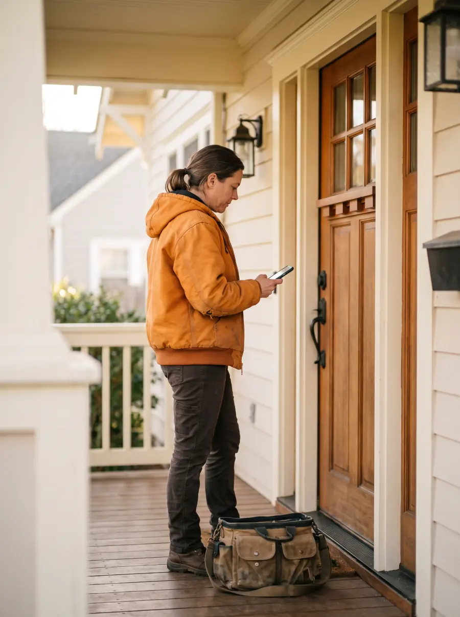 Ada checks her phone on a customer's porch, her tool bag at her feet