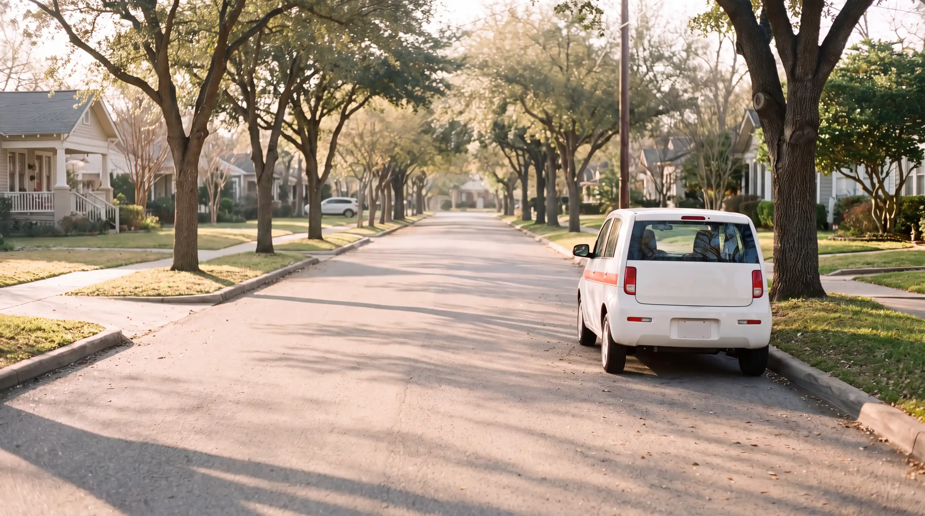 Ada's white hatchback with an ember stripe parked on a quiet tree-lined street