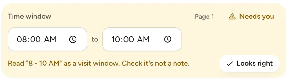 crewday's review of that page: the window read as 8:00 to 10:00 am and flagged, with a Looks right button